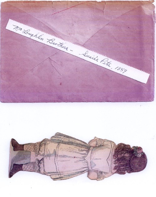 Back of envelope and back of doll Susies Pets 1859
